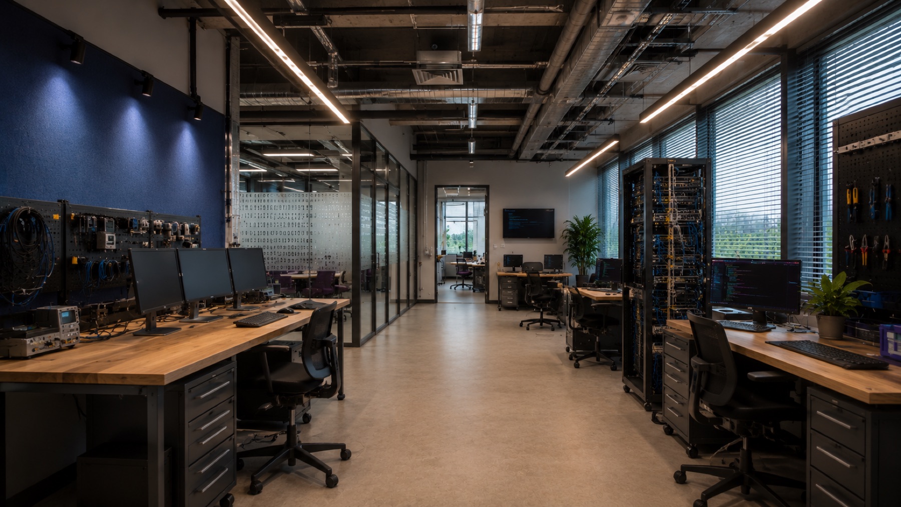 IT werkplaats breed met serverrack en daglicht
